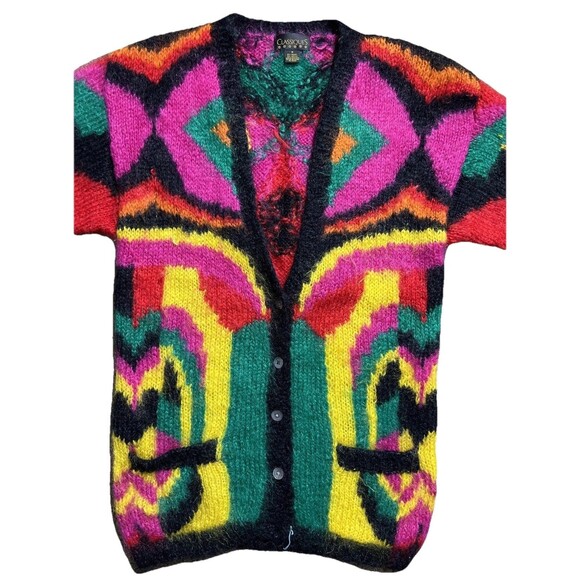 Vintage Classiques Mohair Acrylic Fuzzy Colorful Cardigan Sweater 80s Sz M - Picture 3 of 13